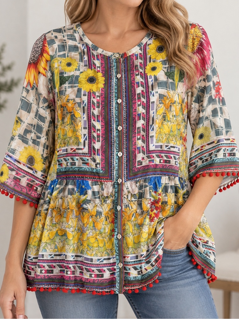 Johnny Was Silk Floral Tunic Blouse Women's L Multicolor Boho 100% Silk